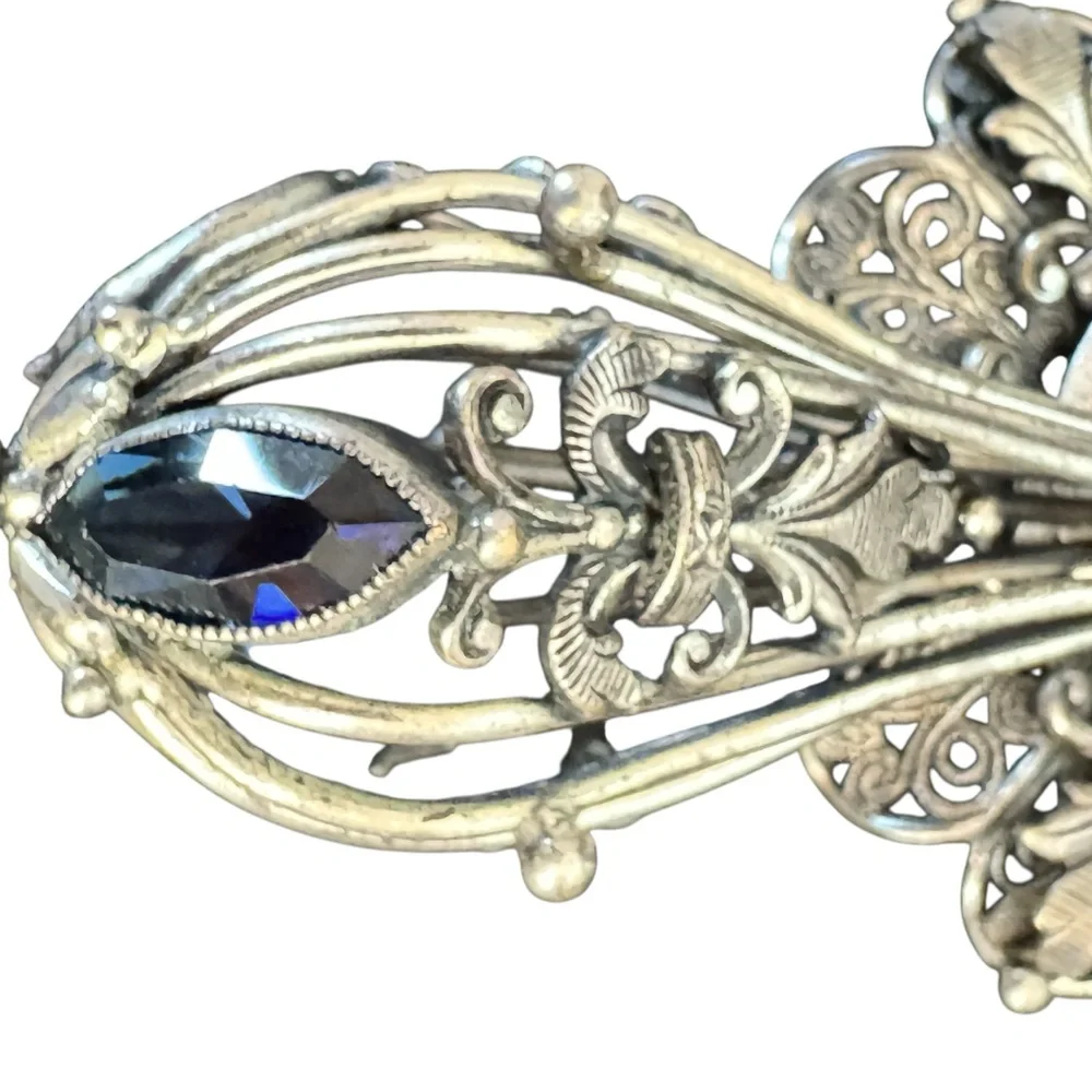 Joseff Hollywood Ornate Silver Metal Brooch with Blue Glass  Accents